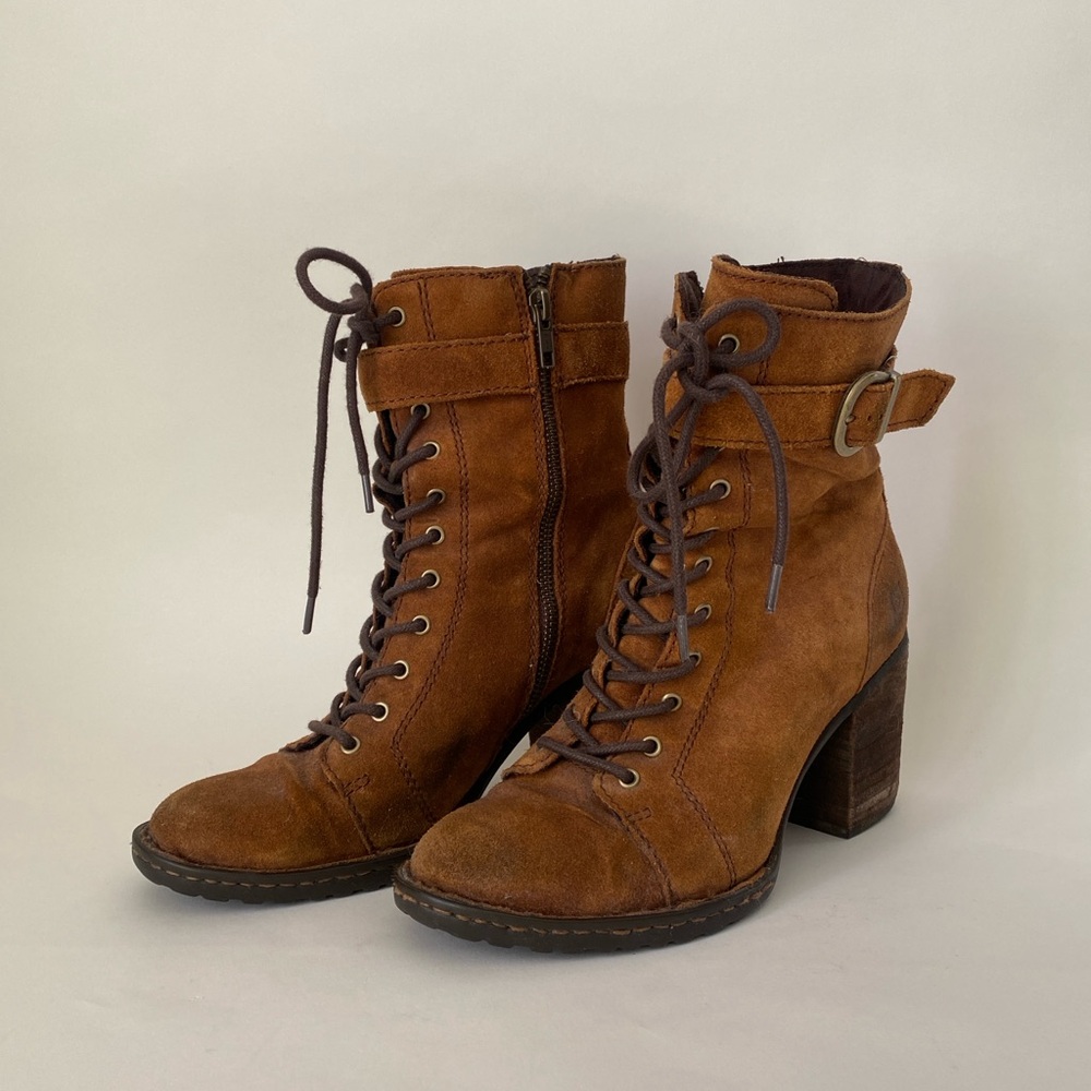Born Cass Block Heel Lace Up Distressed Suede Ankle Combat Boots in Rust